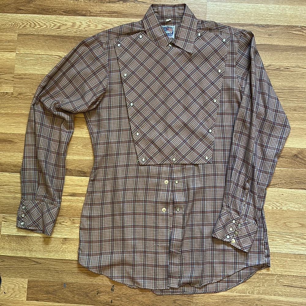 Vintage Miller Western Wear. Plaid bib front with Pearl Snap buttons.